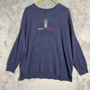 Tommy Jeans‎ Womens Long Sleeve Blue Knit Ribbed Trim Crewneck Sweater Top XL